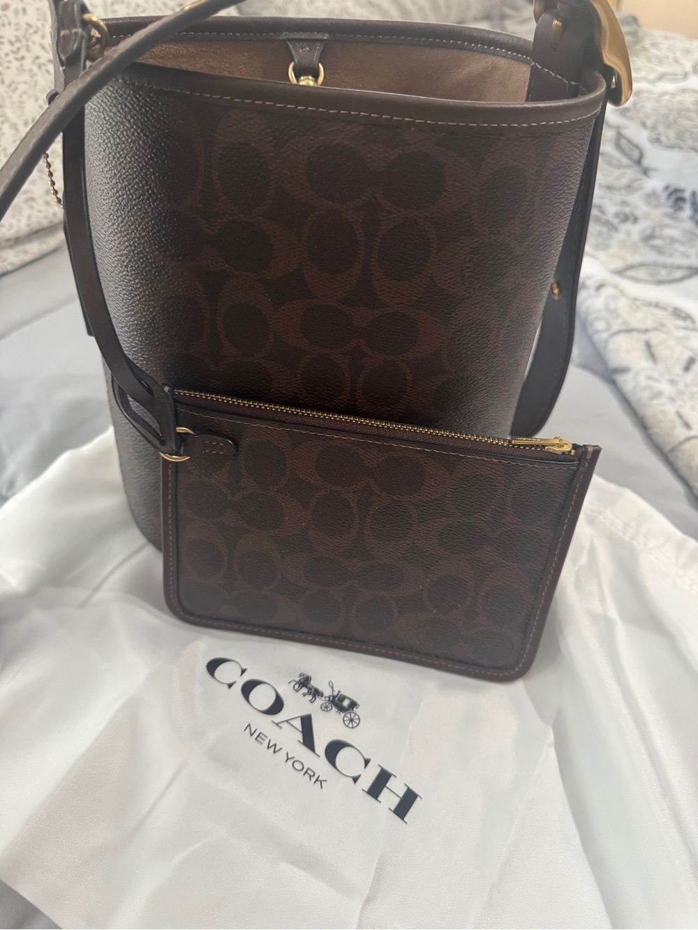 Coach Brown Signature Bleecker Bucket Shoulder Bag with Zip Pouch